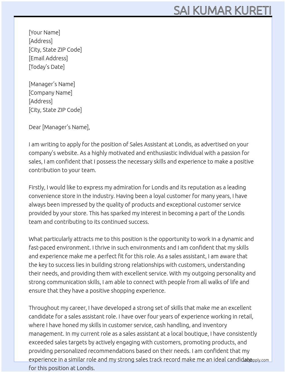 Sales assistant  At Londis Cover Letter