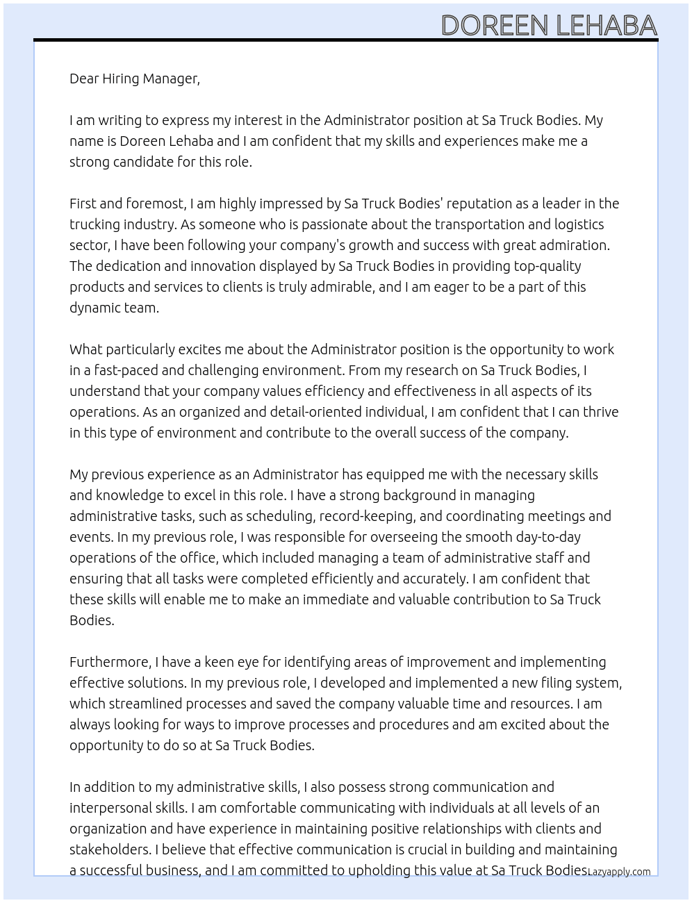 Administrator At Sa Truck Bodies Cover Letter