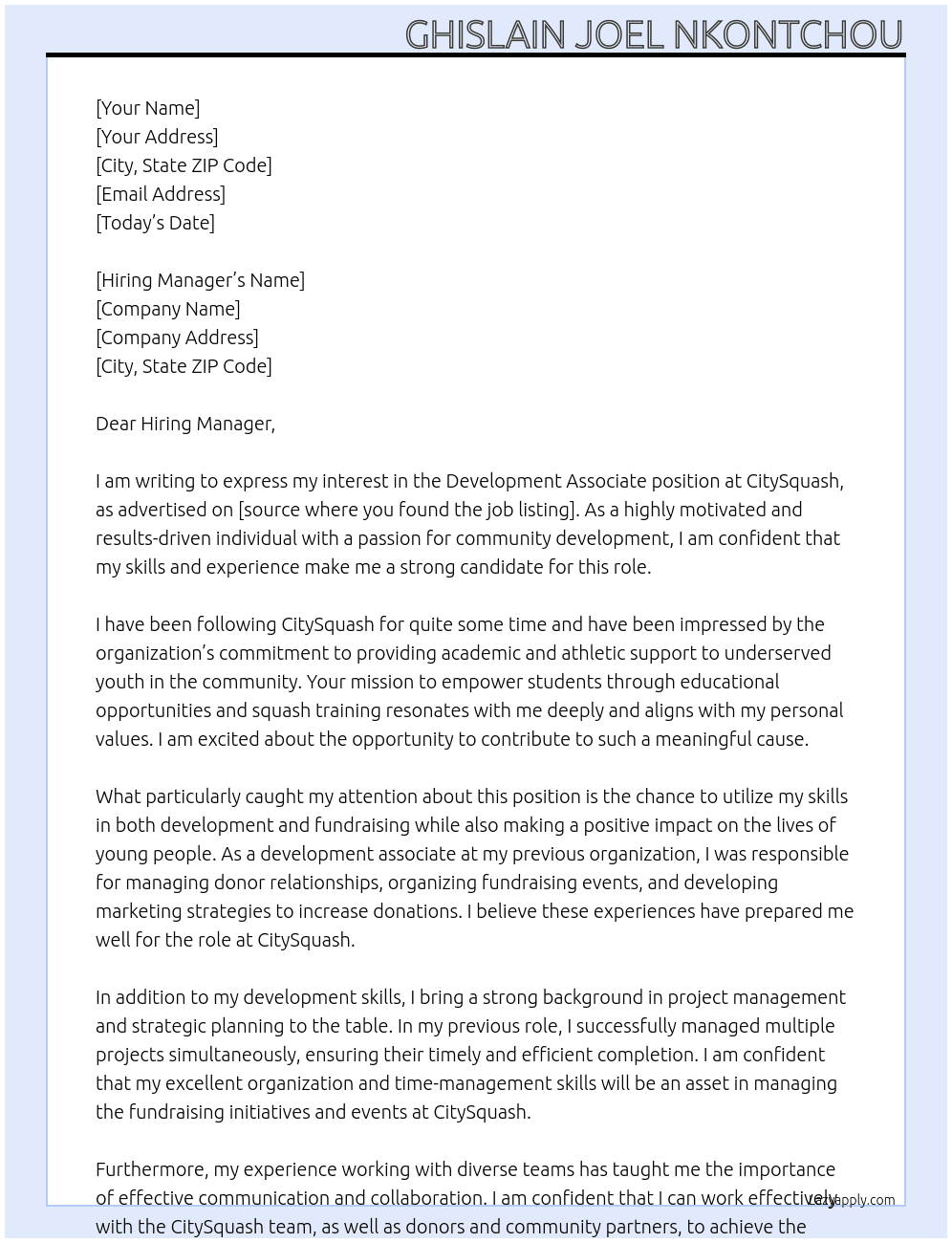 Development Associate At CitySquash Cover Letter