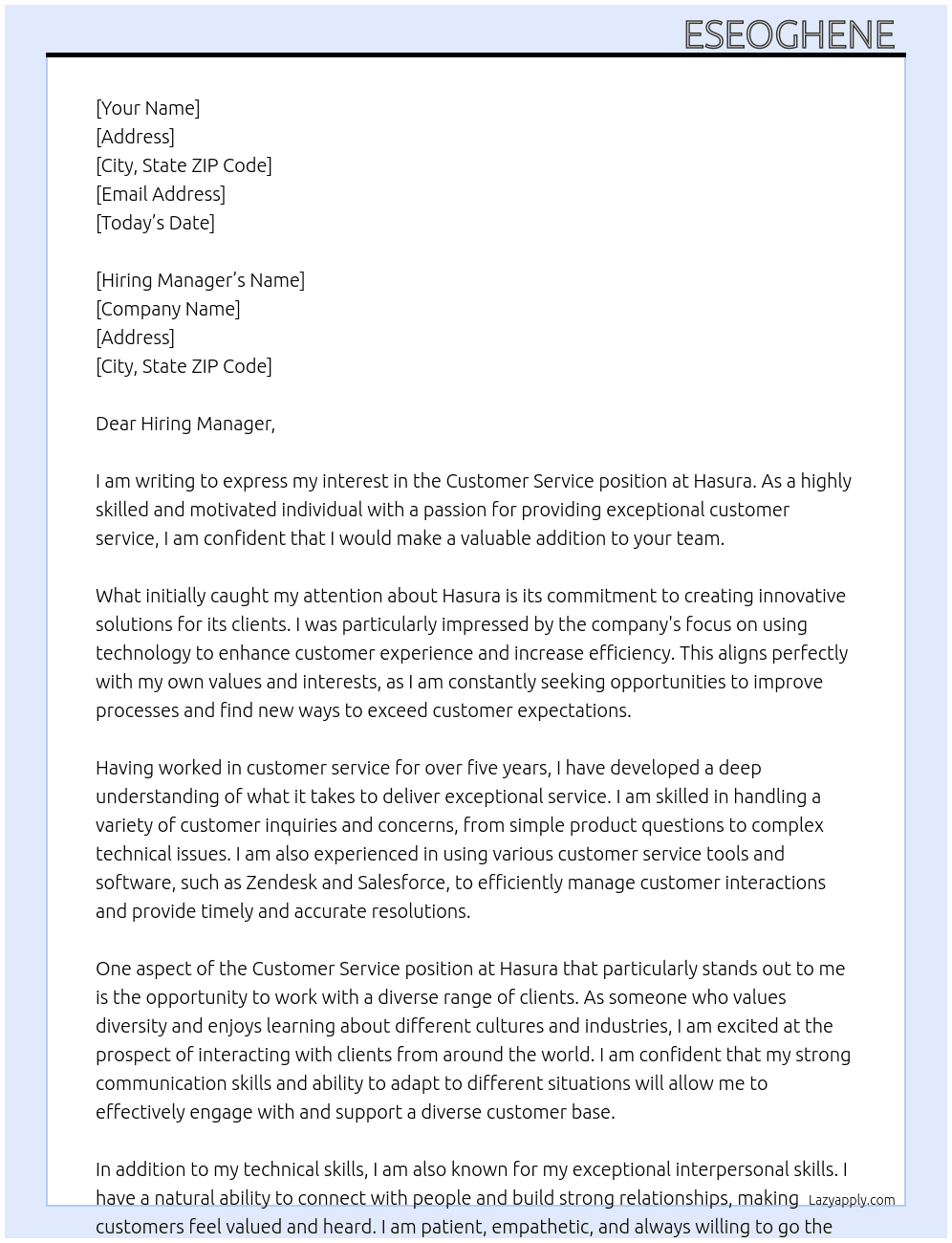 Customer service  At Hasura Cover Letter
