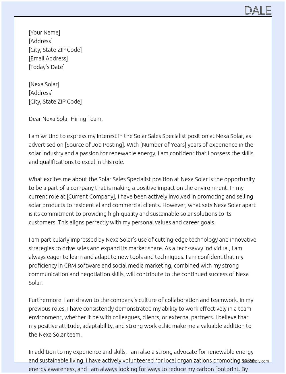 SOLAR SALES SPECIALIST At Nexa Solar Cover Letter