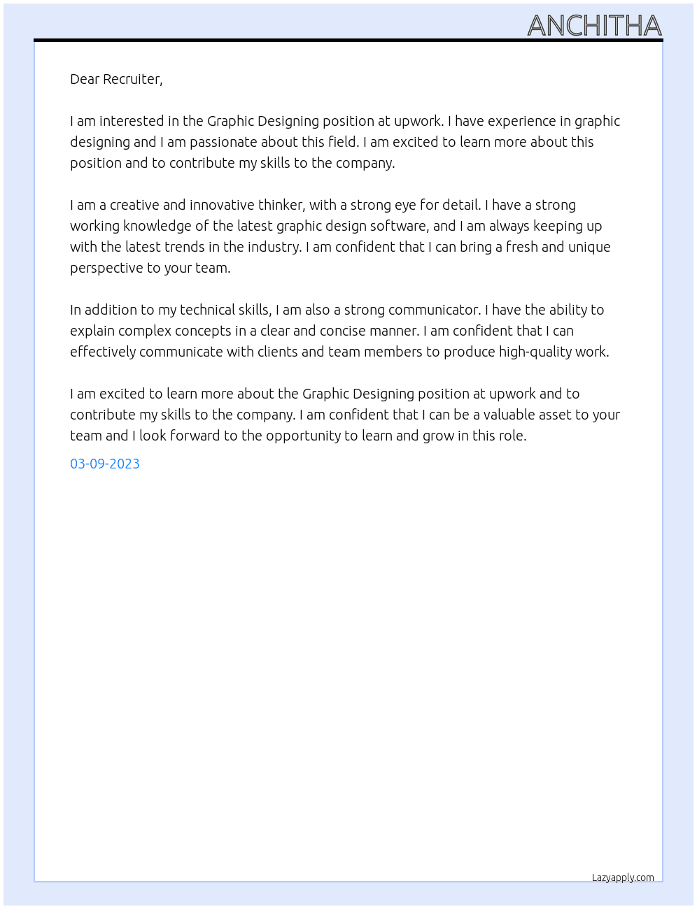 Graphic Designing At upwork Cover Letter