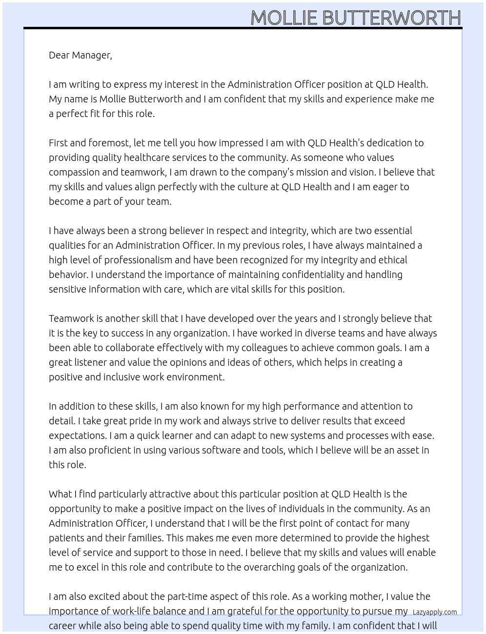 Administration Officer At QLD Health Cover Letter