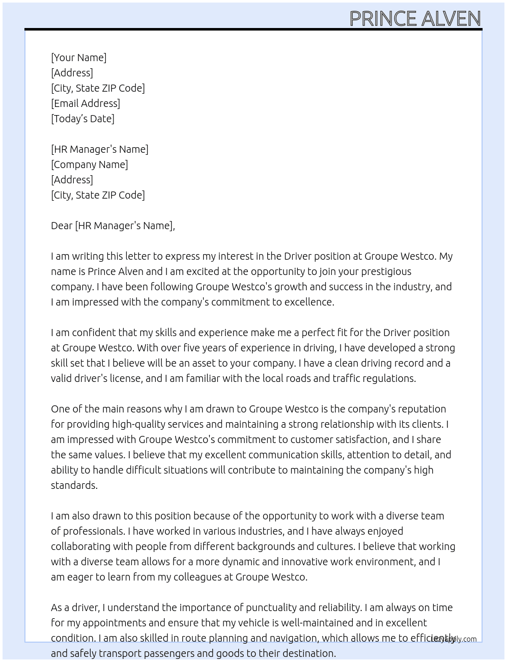 Driver At Groupe Westco Cover Letter