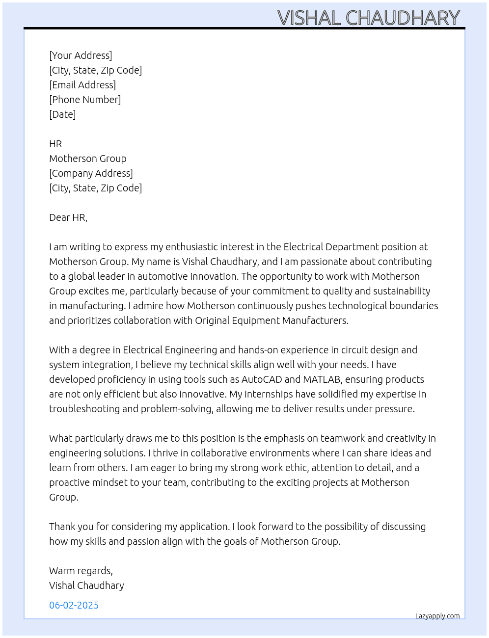 Cover letter for electrical  dipatment - LazyApply