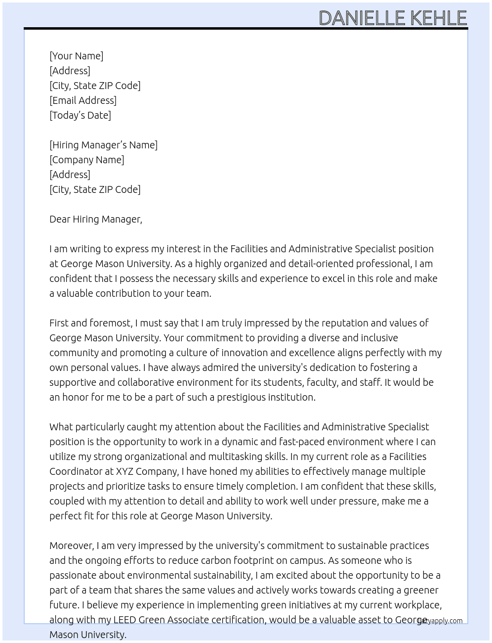 Facilities and administrative specialist At George Mason University  Cover Letter