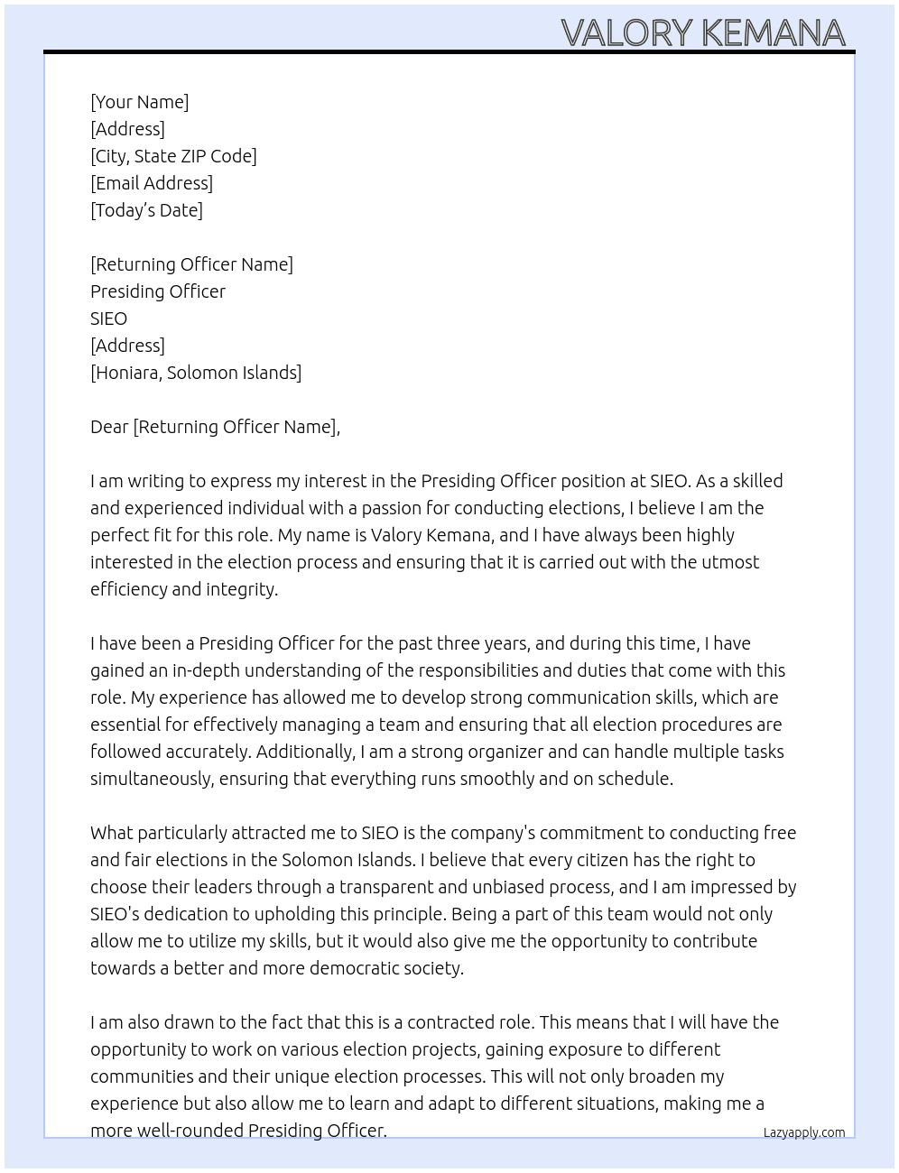 Presiding officer  At SIEO Cover Letter