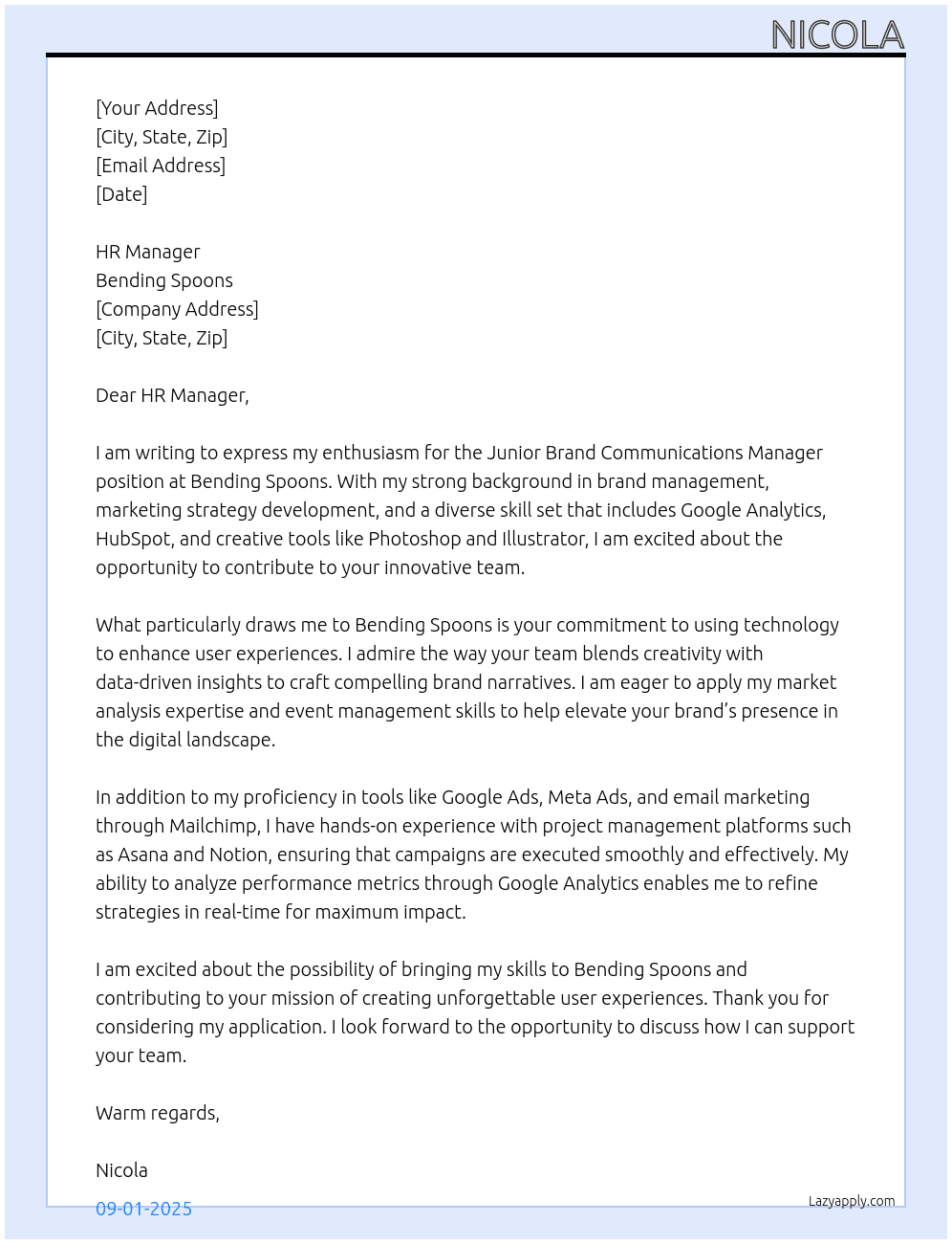 Cover letter for junior brand communications manager - LazyApply