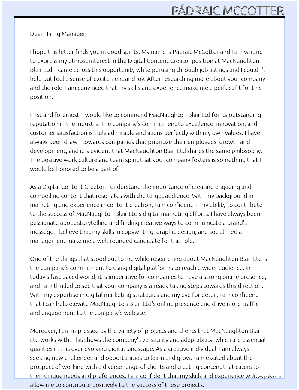 Digital Content Creator At MacNaughton Blair ltd Cover Letter