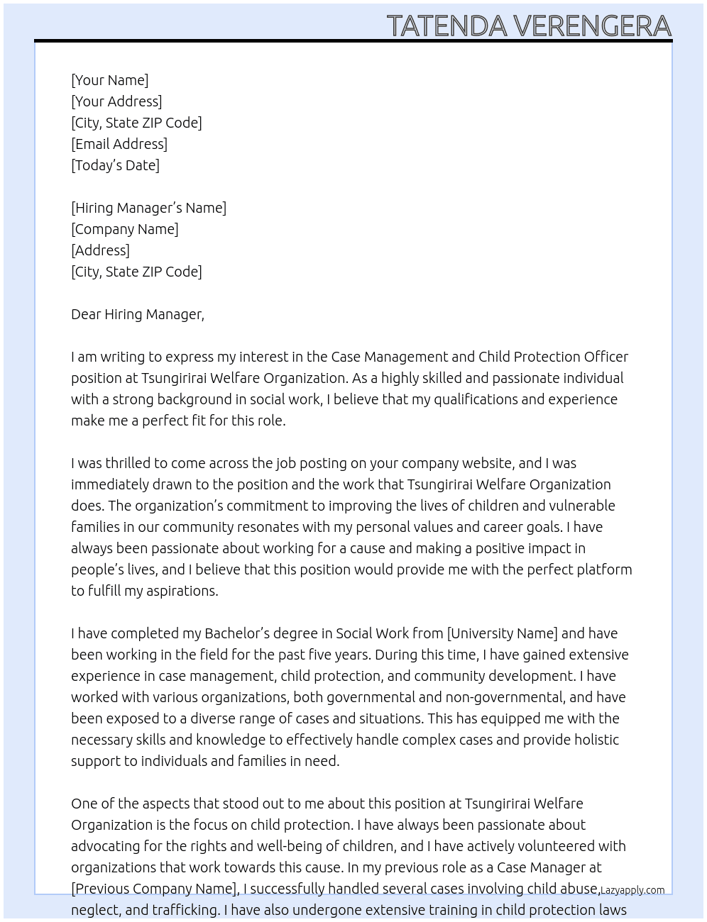Case Management and Child Protection Officer  At Tsungirirai Welfare Organization  Cover Letter