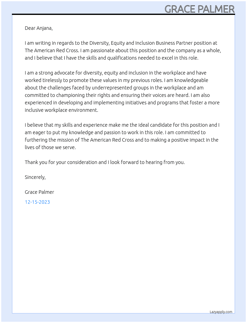 Diversity, Equity and Inclusion Business Partner At The American Red Cross Cover Letter