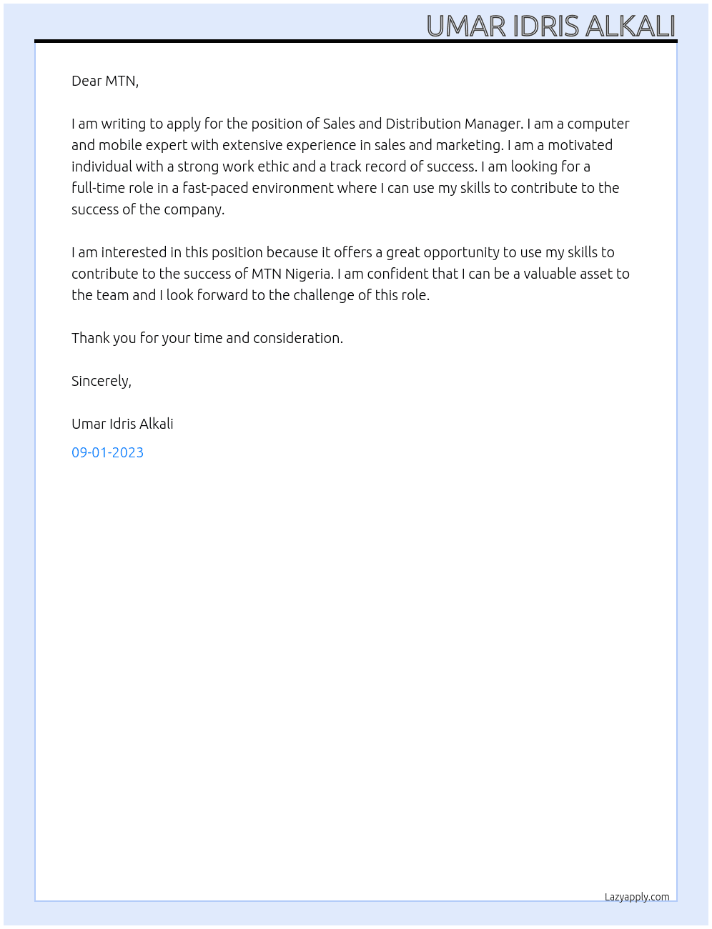 Sales and distribution manager At MTN Nigeria  Cover Letter