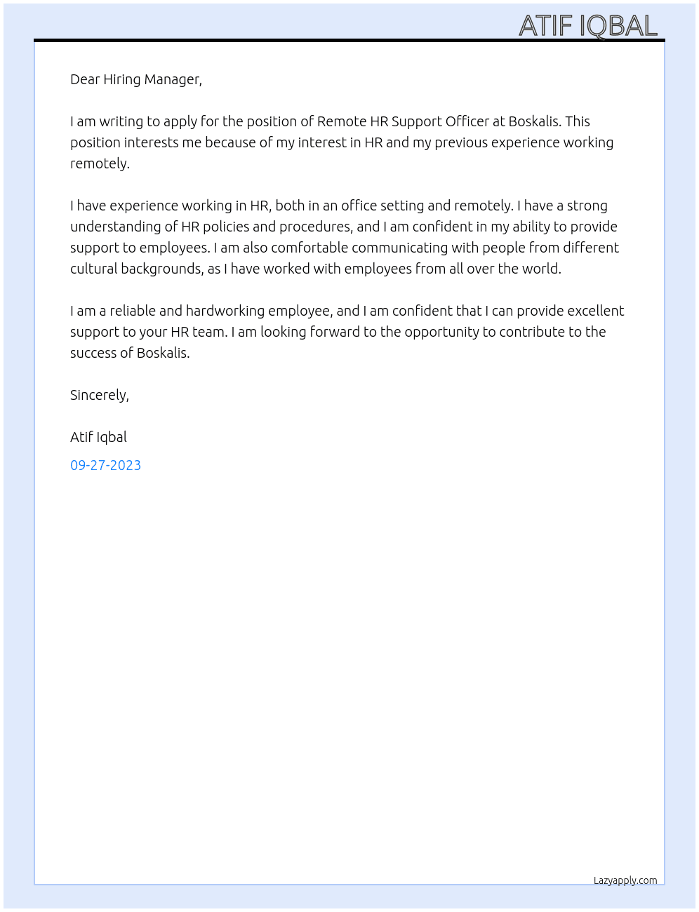 Remote HR Support Officer  At Boskalis Cover Letter