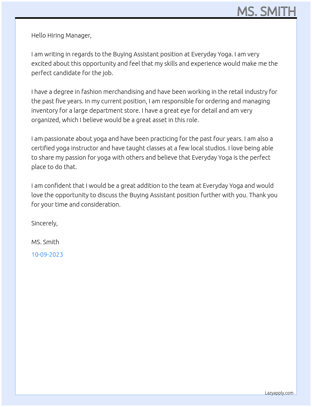 Buying Assistant  At Everyday Yoga Cover Letter