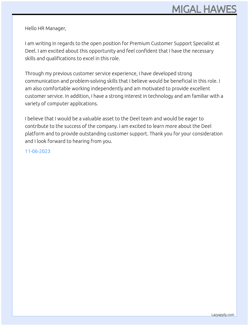 Premium Customer Support Specialist At Deel Cover Letter