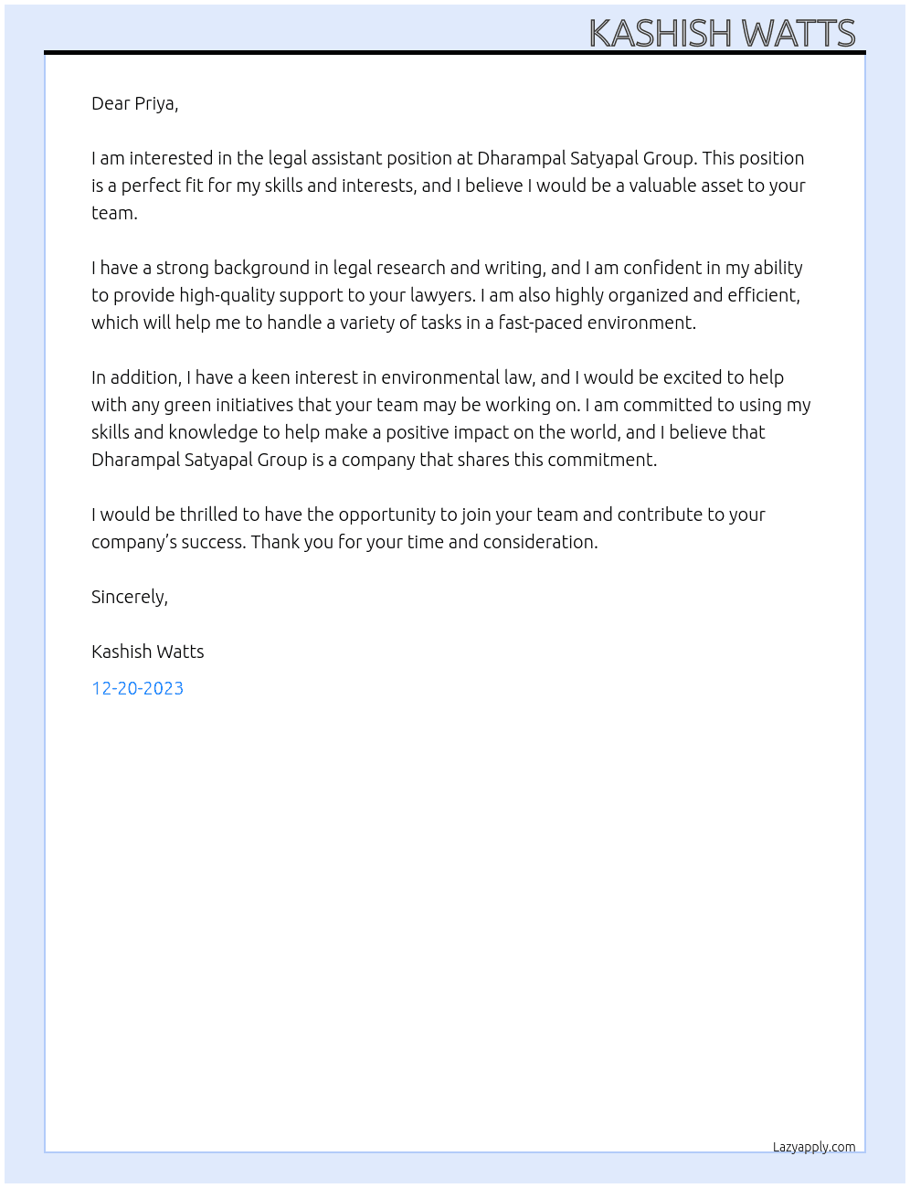legal assistant At Dharampal Satyapal Group Cover Letter
