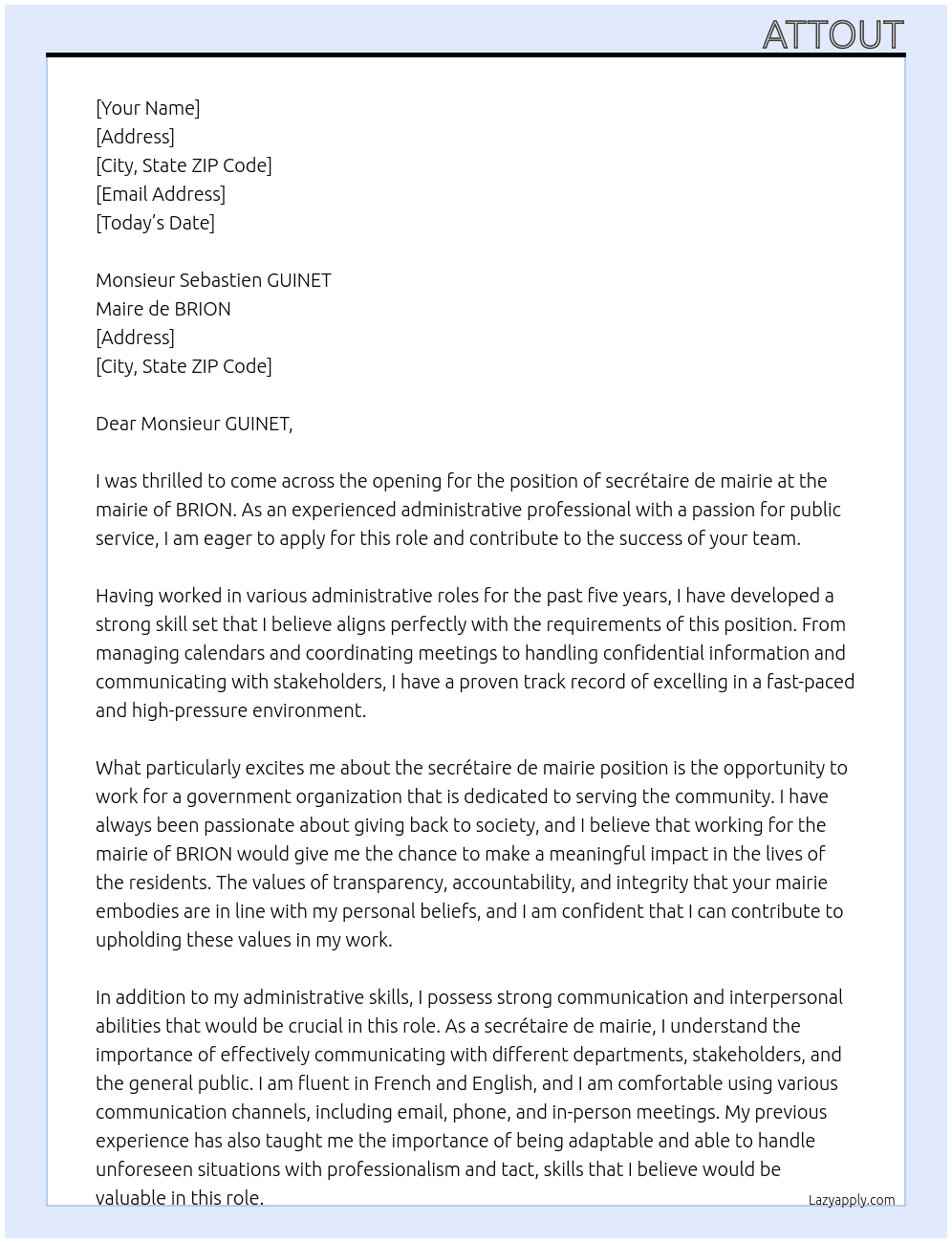 secrétaire de mairie At mairie Cover Letter