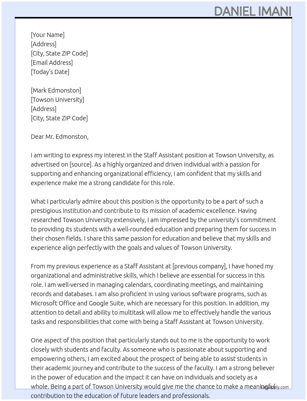 Staff Assistant At Towson University Cover Letter