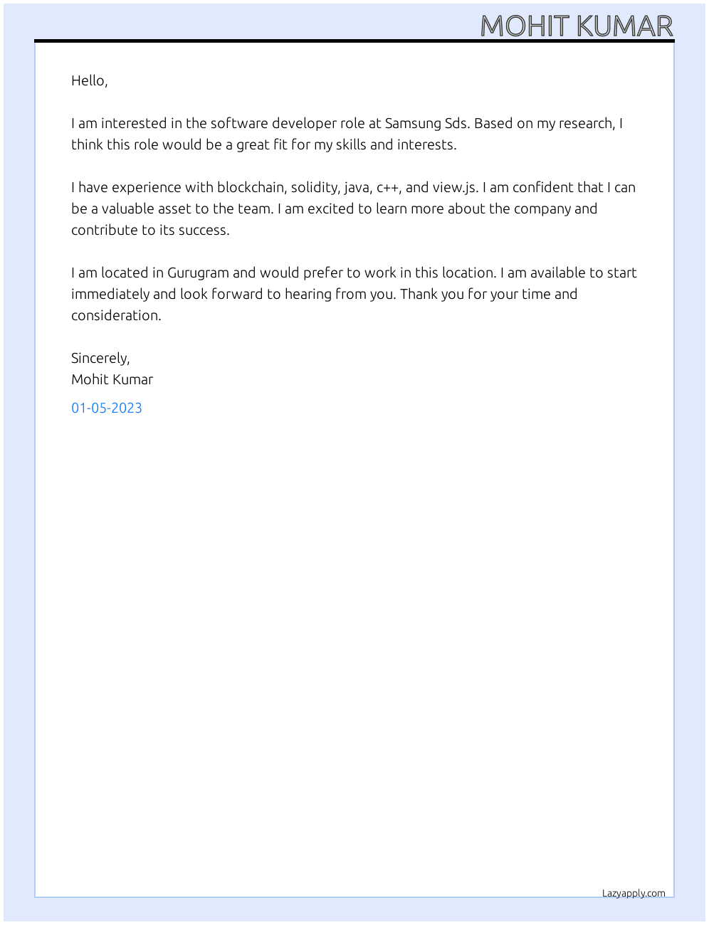 software developer At Samsung Sds Cover Letter
