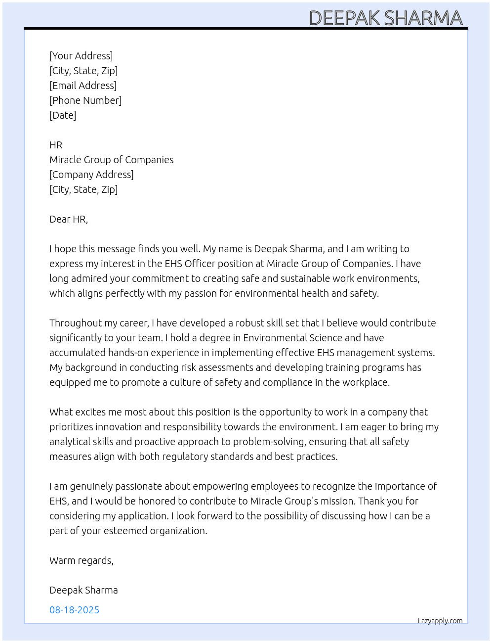 EHS officer At Miracle  group of company  Cover Letter