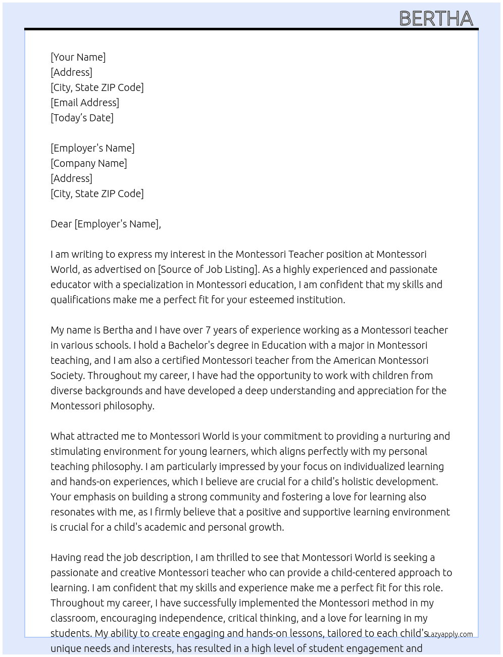 Montessori teacher  At Montessori world Cover Letter