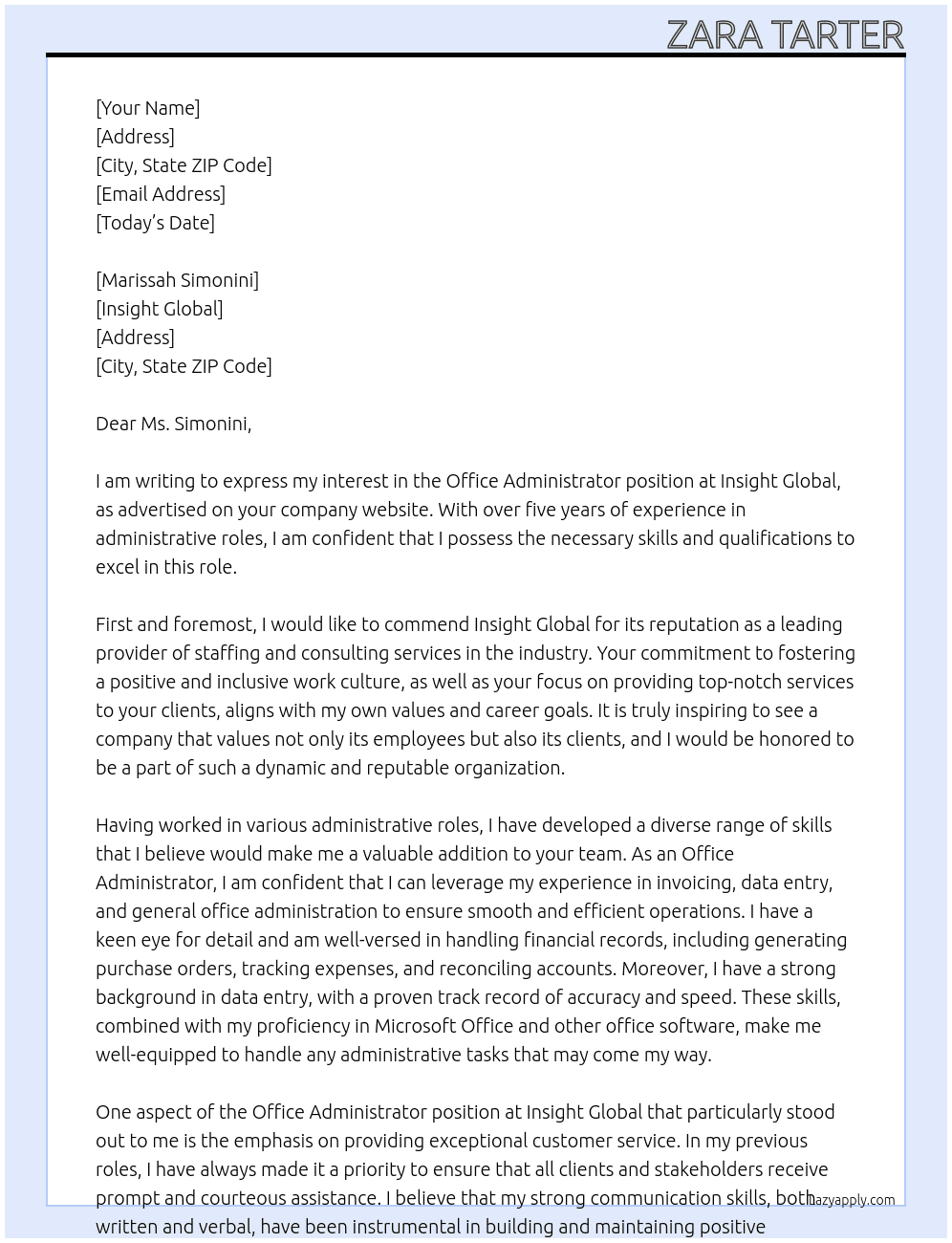 Office Administrator  At Insight Global Cover Letter
