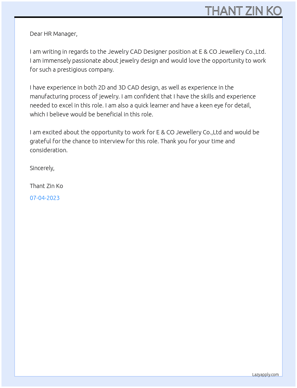 Jewelry CAD Designer At E & CO Jewellery Co.,Ltd Cover Letter