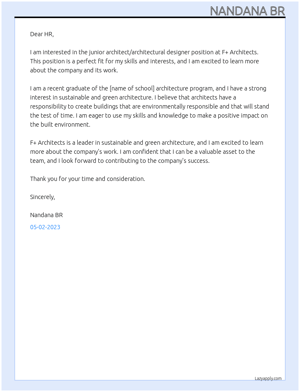 junior architect/architectural designer At F+ Architects Cover Letter