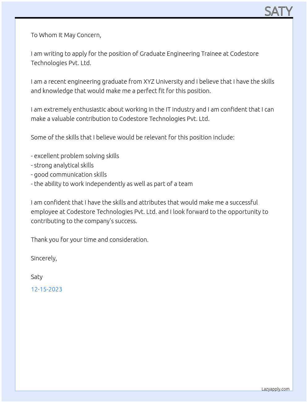 Graduate Engineering Trainee  At Codestore Technologies Pvt. Ltd Cover Letter