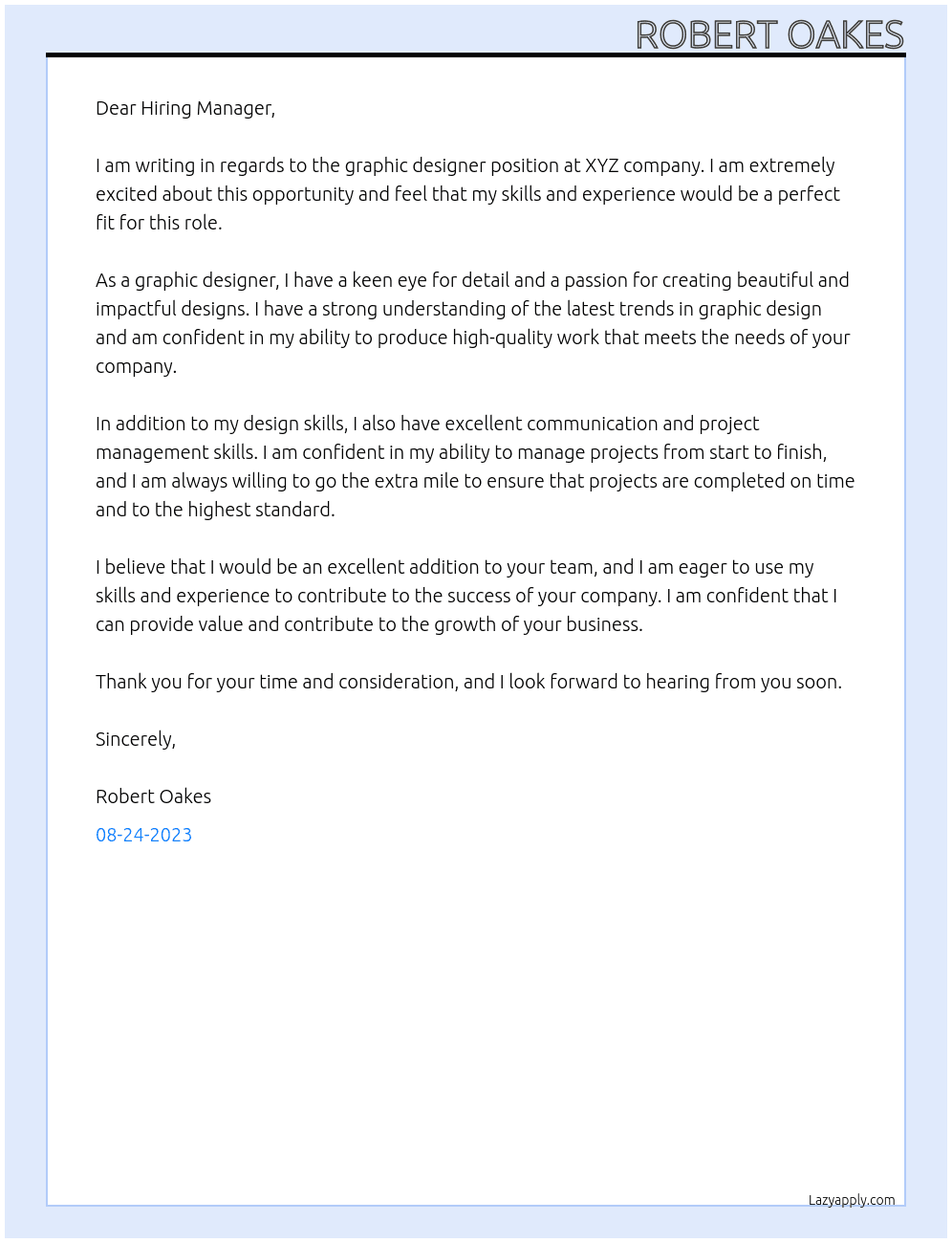 Graphic Designer At XYX Cover Letter