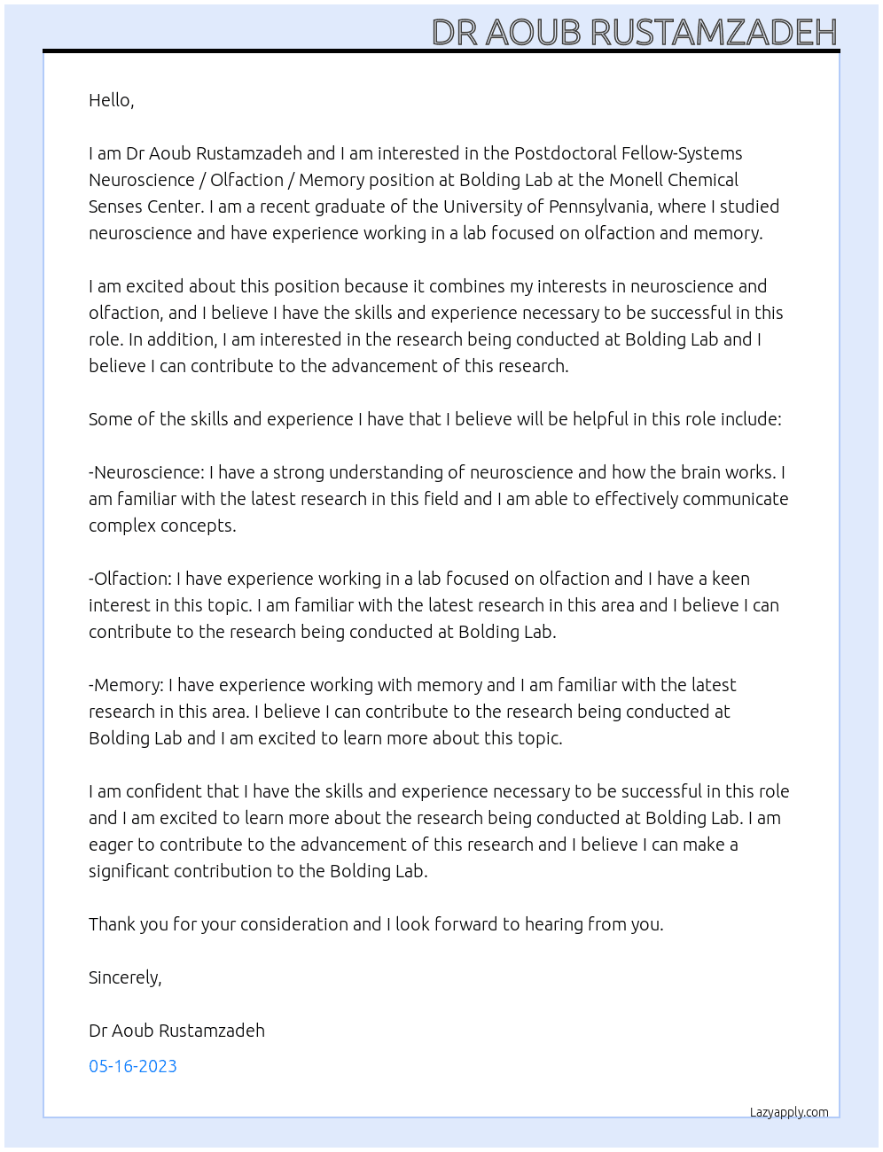 Postdoctoral Fellow-Systems Neuroscience / Olfaction / Memory At Bolding Lab at the Monell Chemical Senses Center Cover Letter