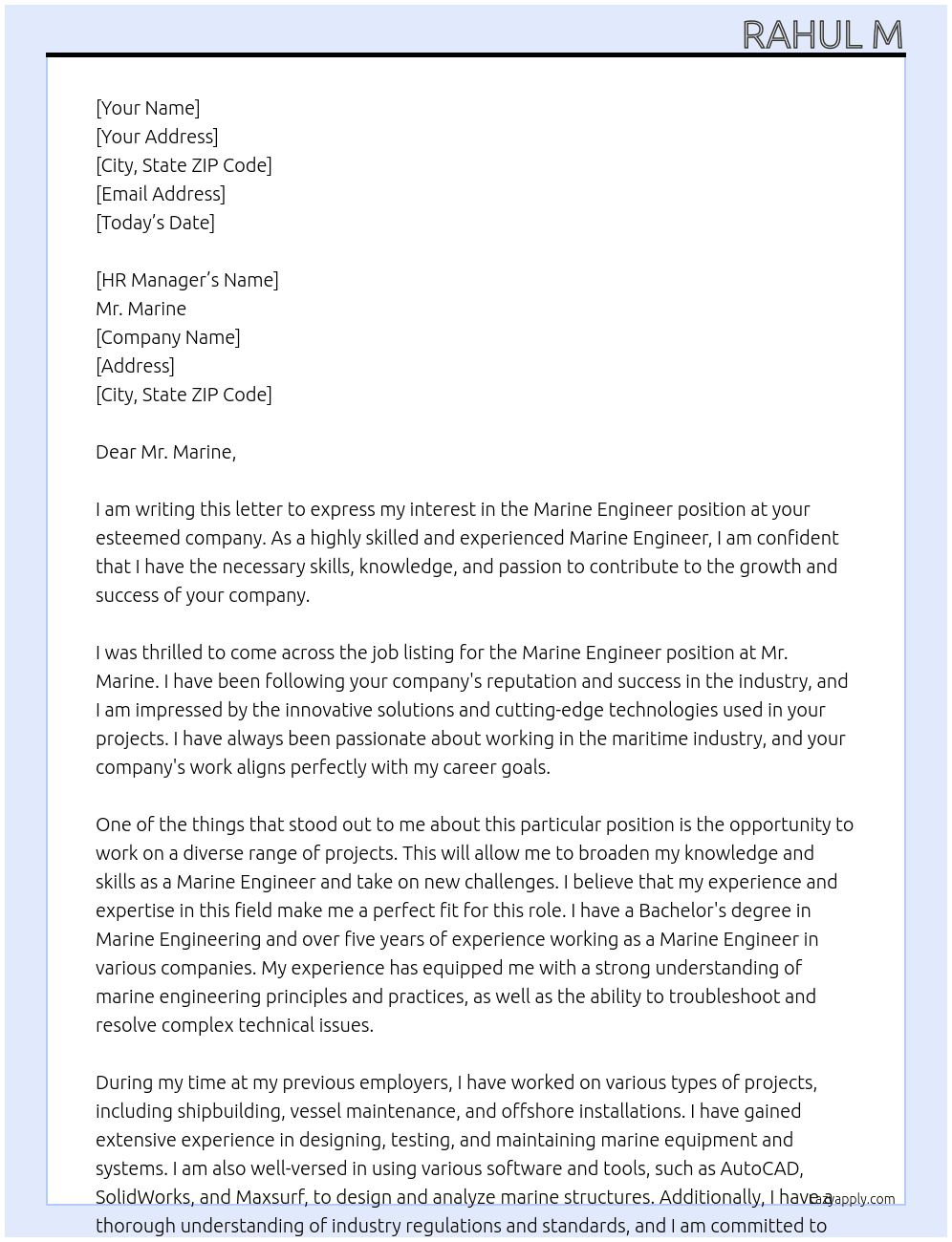 Marine Engineer At Mr. Marine Cover Letter