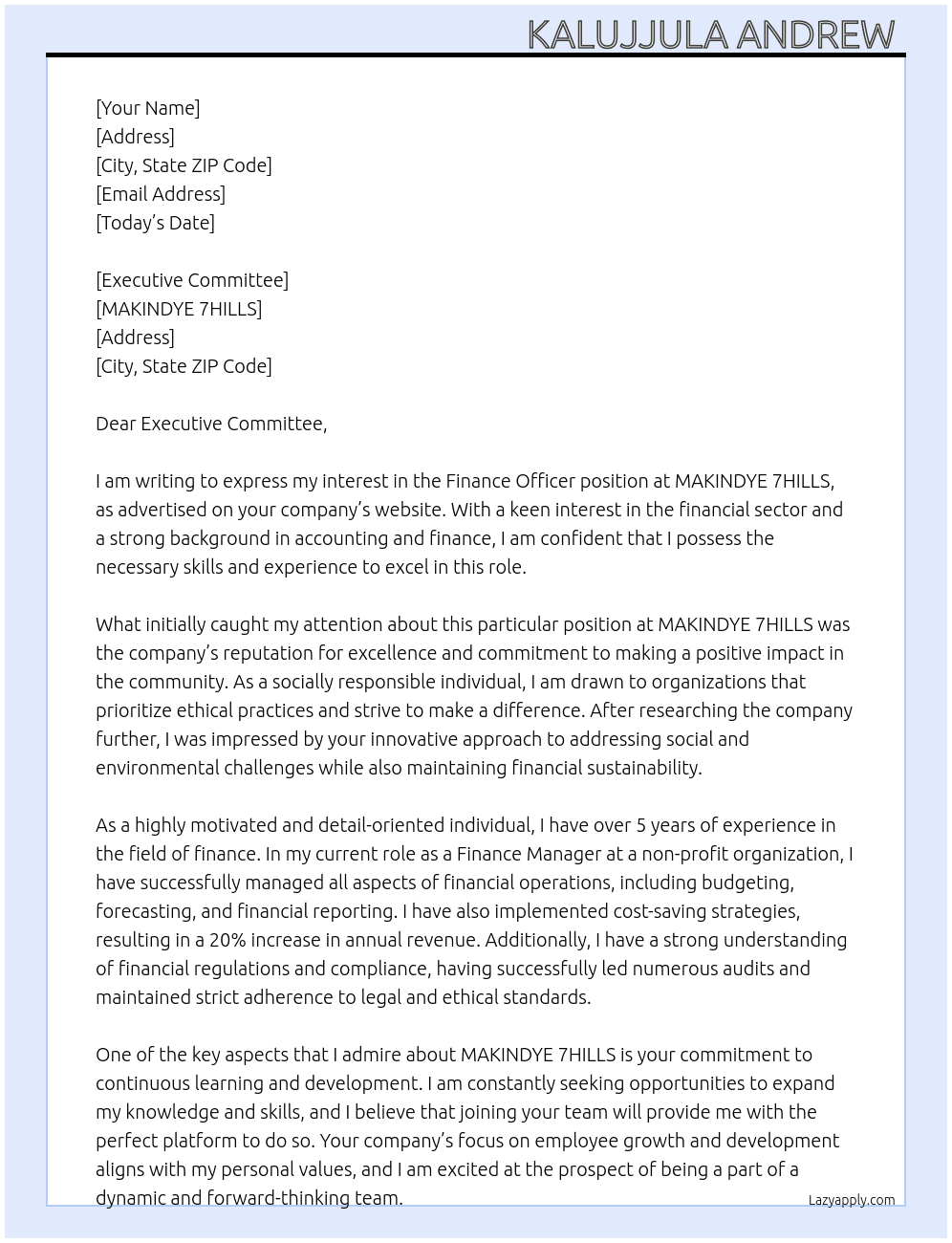 finance officer At MAKINDYE 7HILLS  Cover Letter