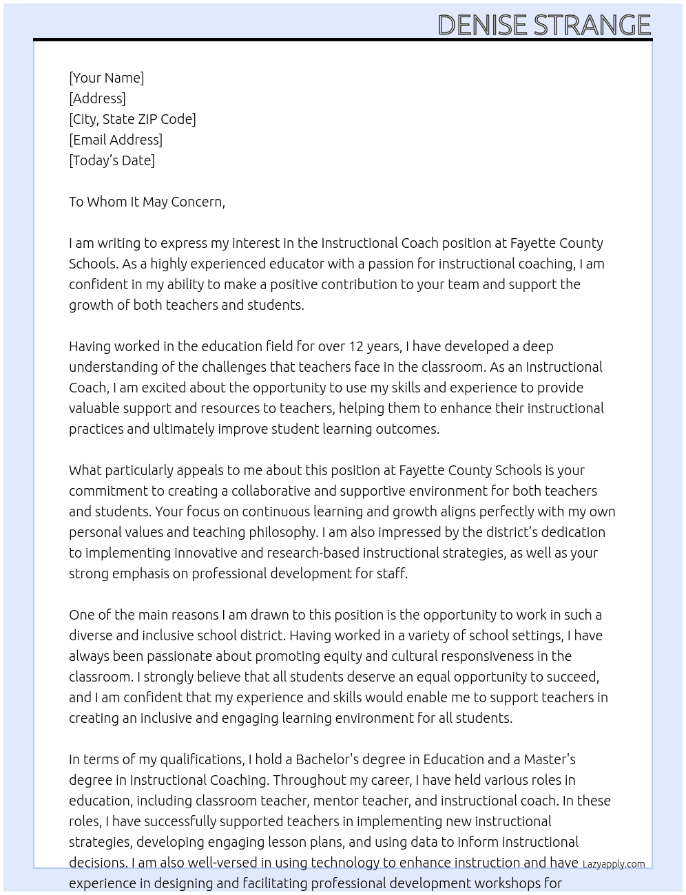 Instuctional Coach At Fayette County Schools Cover Letter
