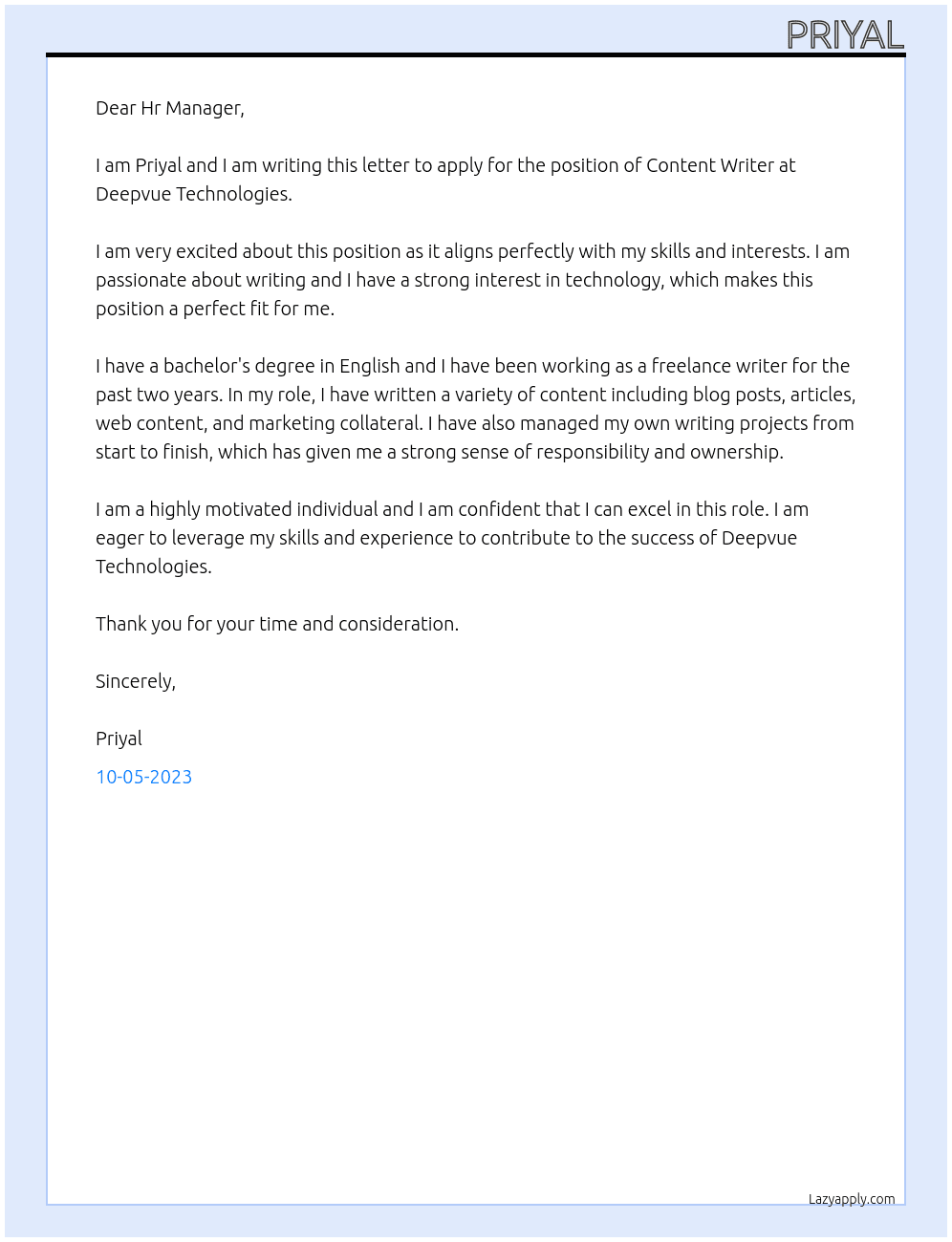 Content Writing work At Deepvue Technologies Cover Letter