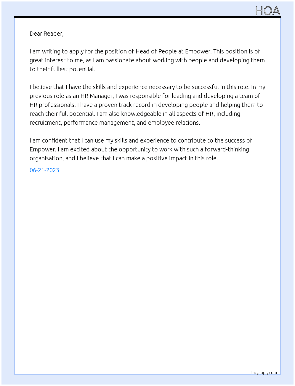 Head of People At Empower Cover Letter