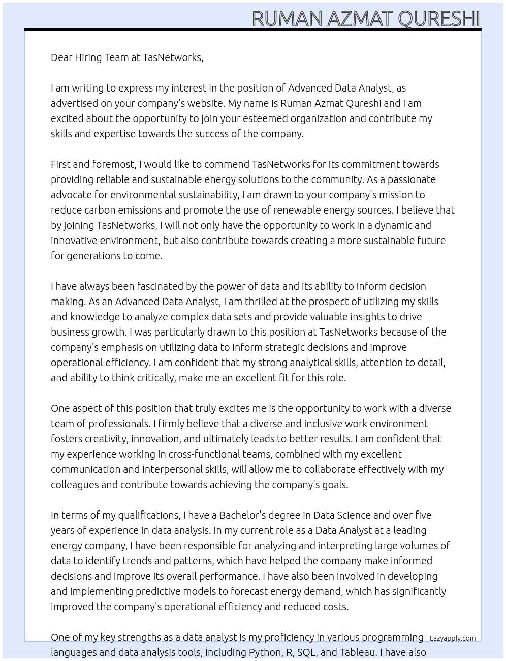 Advanced Data Analyst At TasNetworks Cover Letter