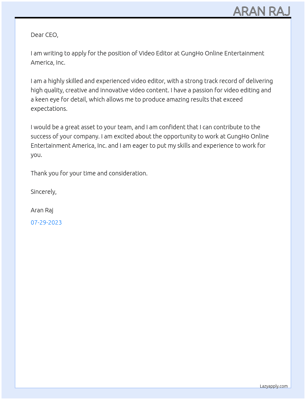 Video editing  At GungHo Online Entertainment America, Inc. Cover Letter