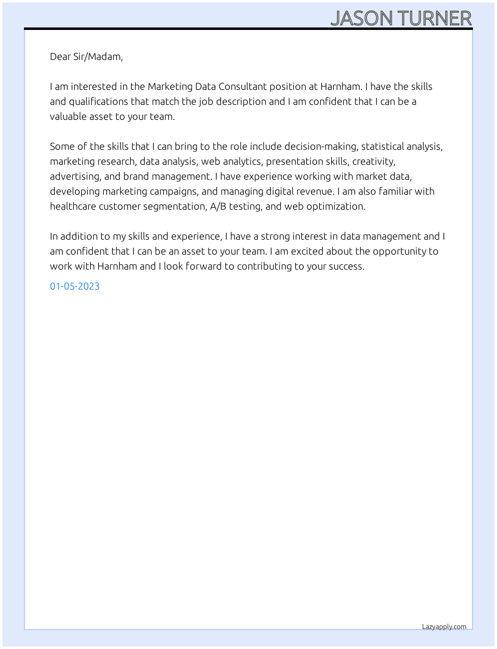 Marketing Data Consultant At Harnham Cover Letter