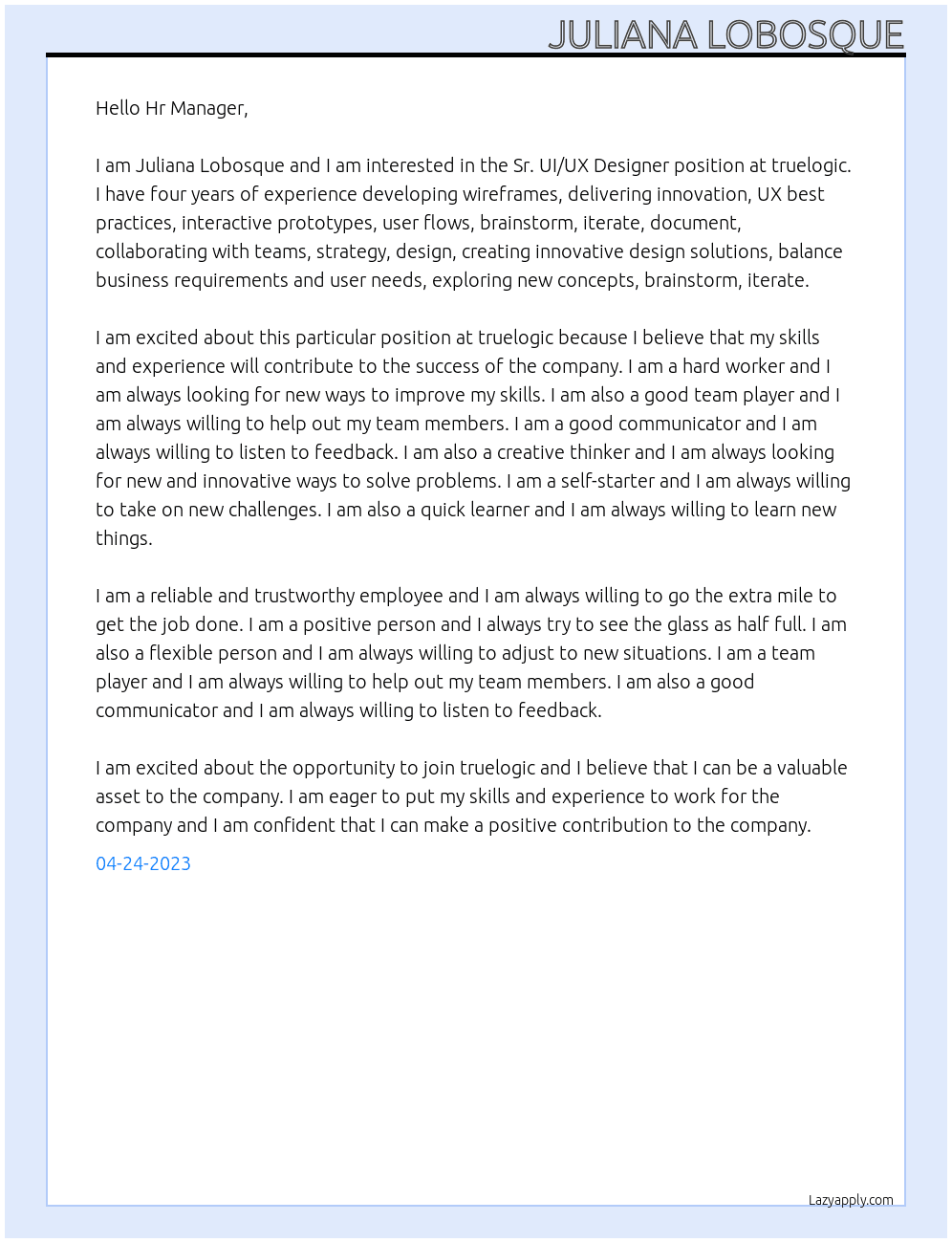 Sr. UI/UX Designer At truelogic Cover Letter