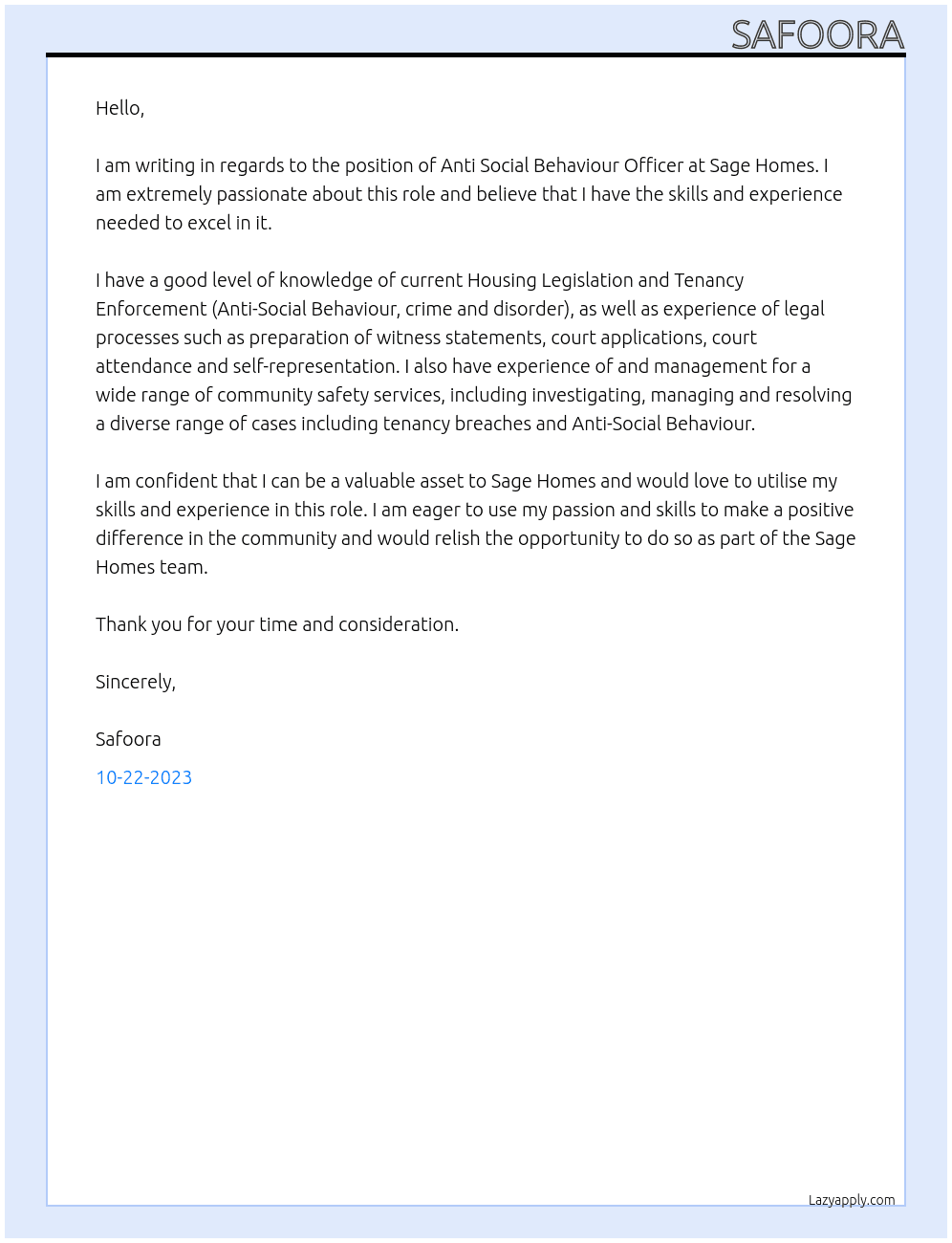 Anti social behaviour officer  At Sage homes Cover Letter