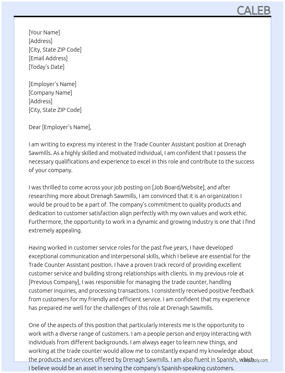 Trade Counter assistant  At Drenagh Sawmills  Cover Letter