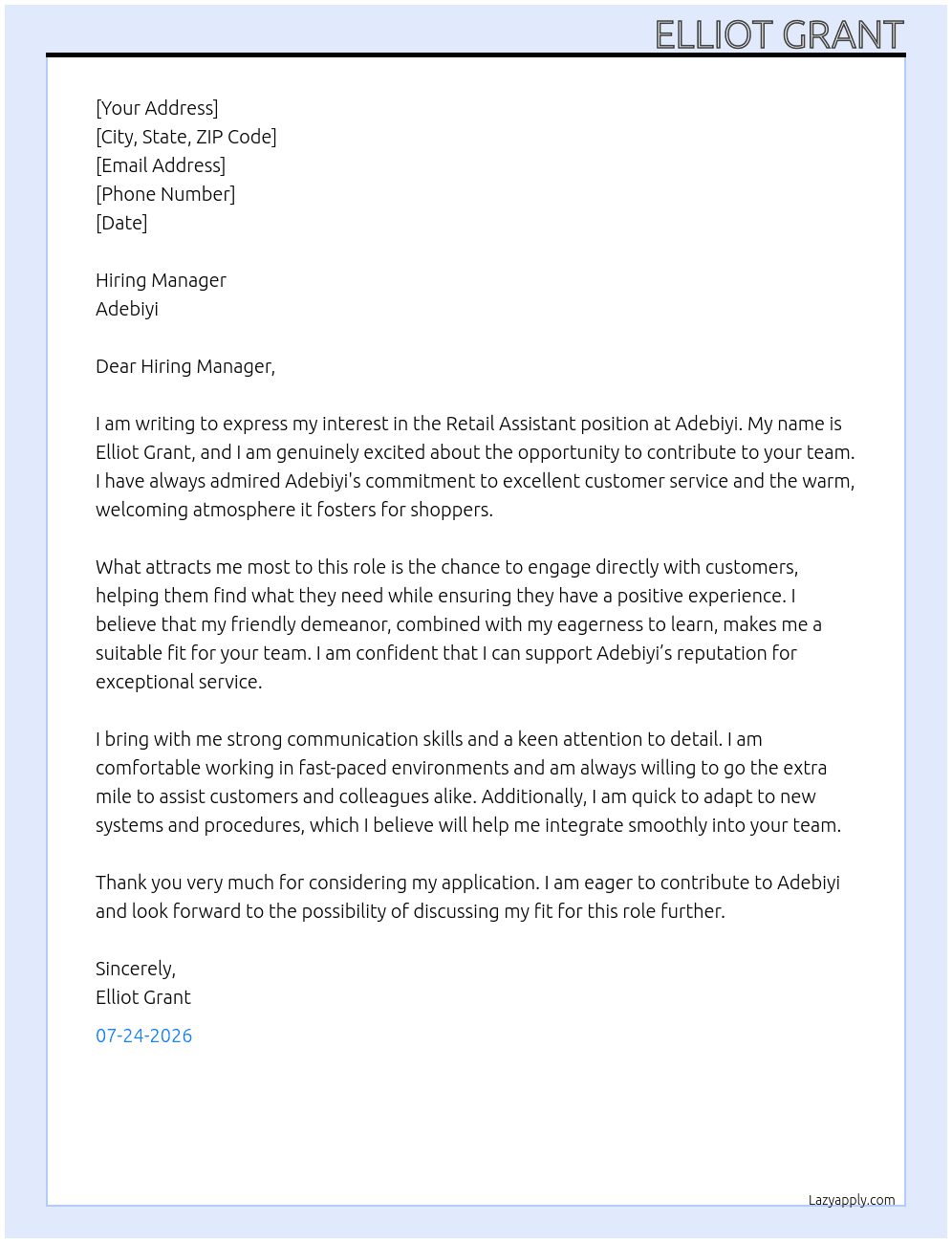 Retail assistant  At Adebiyi  Cover Letter