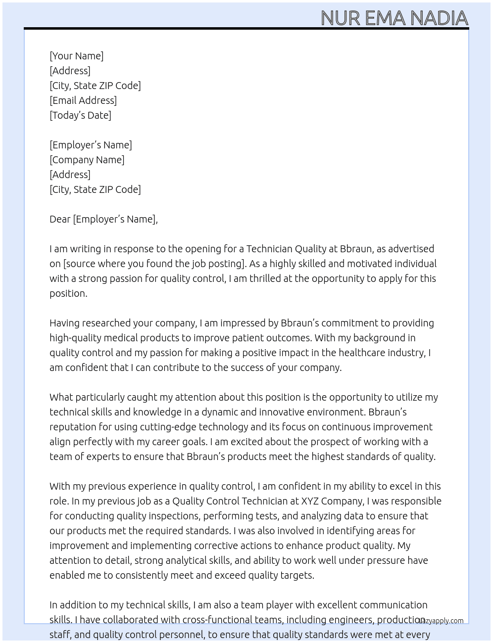 Technician quality At Bbraun  Cover Letter