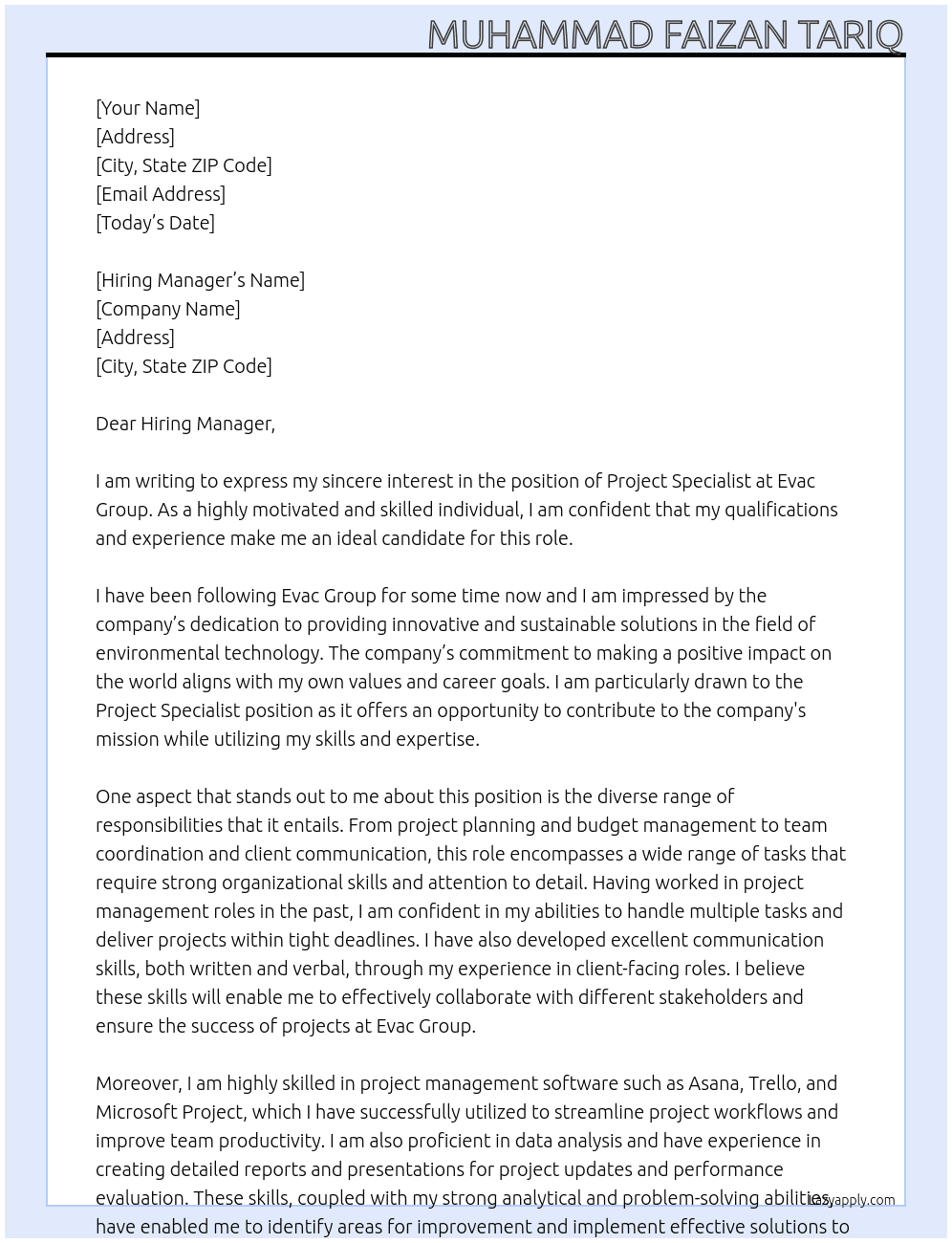 Project Specialist At Evac Group Cover Letter