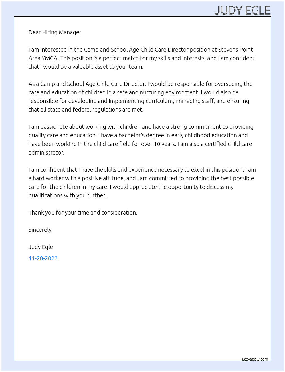 Camp and School Age Child Care Director At Stevens Point Area YMCA Cover Letter