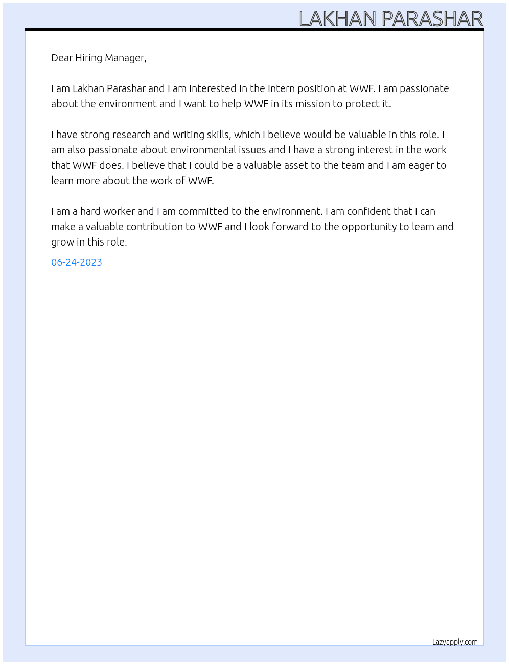 Intern At wwf Cover Letter