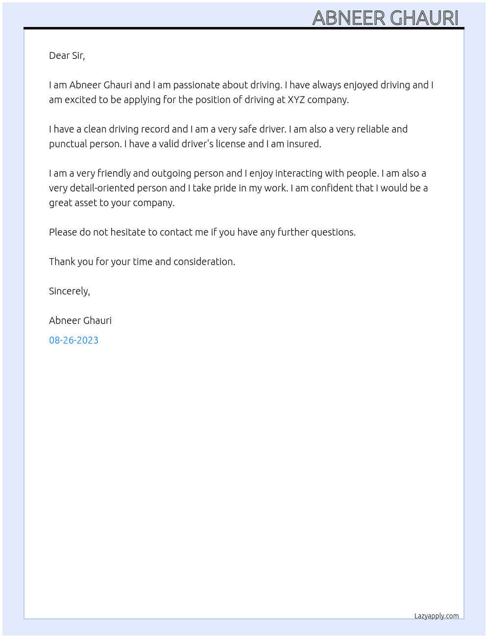 Driving  At Xyz Cover Letter