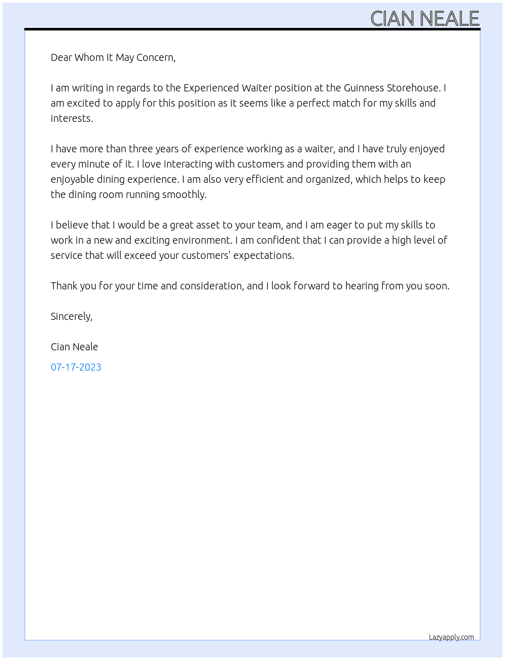 Experienced Waiter At Guinness Storehouse Cover Letter