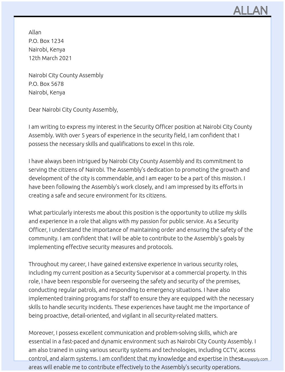 Security office At Nairobi city county assembly Cover Letter